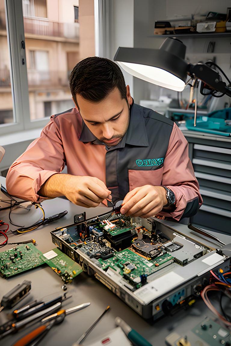 Técnico reparando un equipo electrónico sobre un banco de trabajo en Sabadell