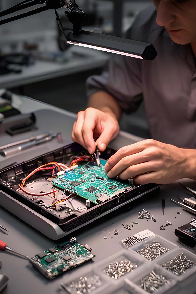 Técnico reparando una consola y sus conexiones internas en el taller